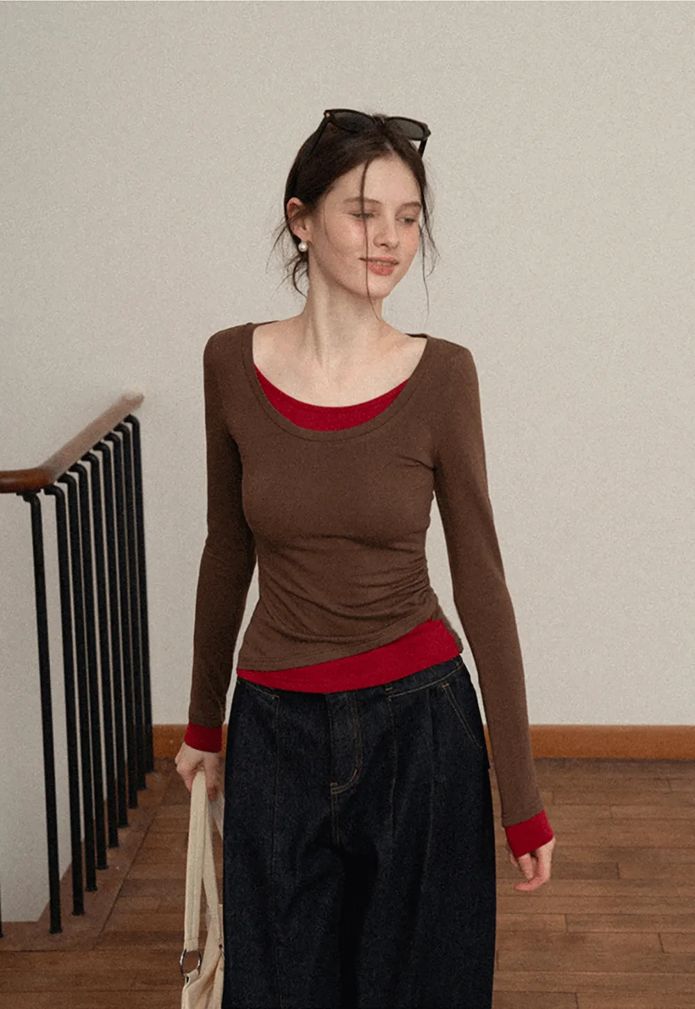 Long Sleeve Round Neck Top Simple Design Women's T-Shirt