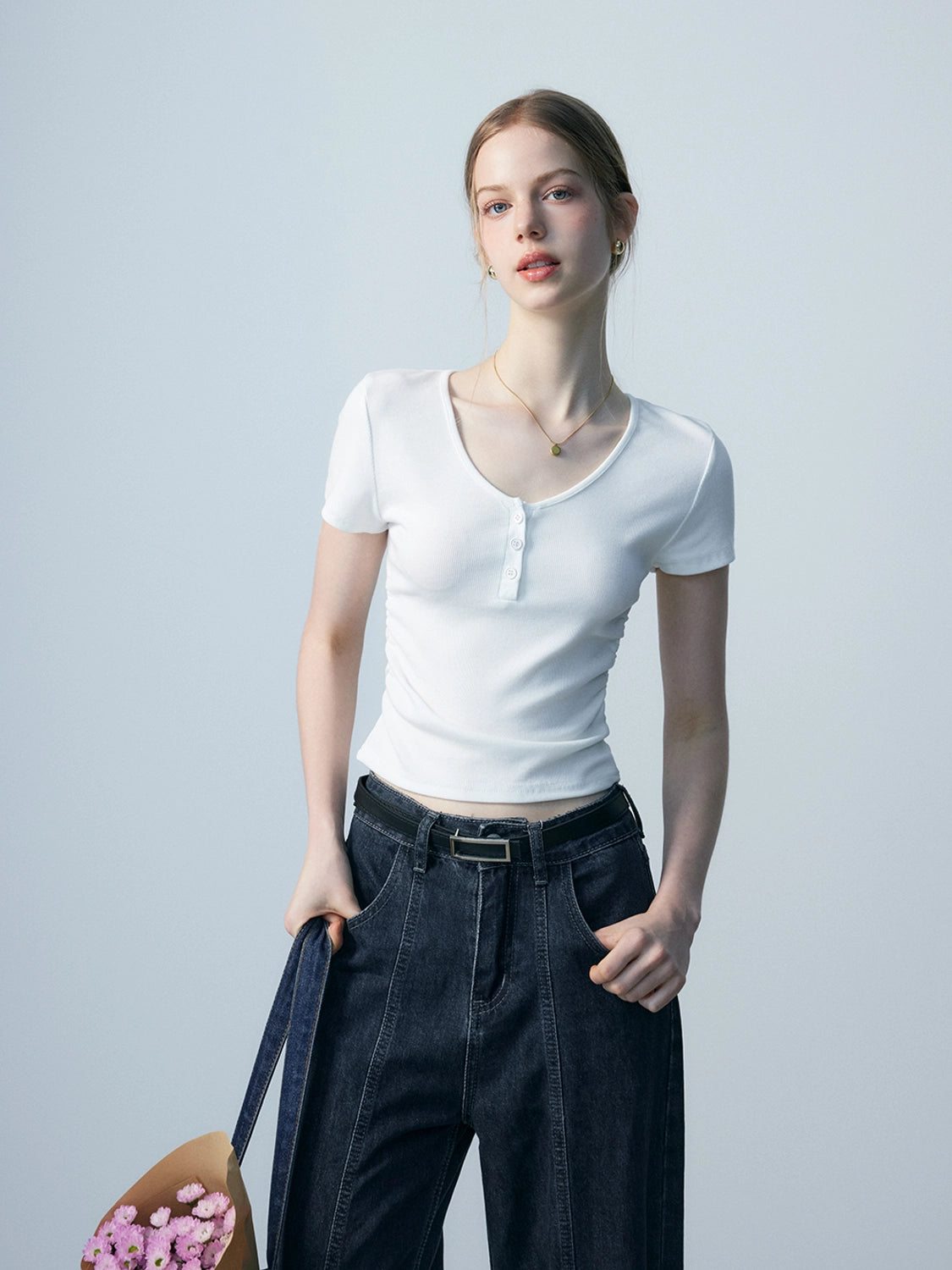 Women's Ribbed Henley Tee with Button Placket Detail