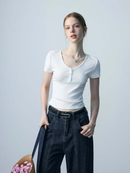 Women's Ribbed Henley Tee with Button Placket Detail