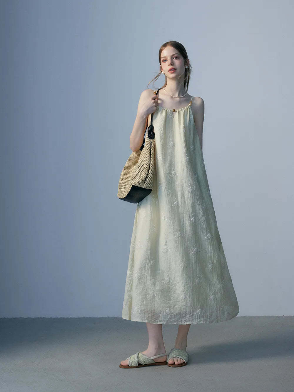 Floral Embellished Maxi Dress with Spaghetti Straps - Elegant Evening Wear