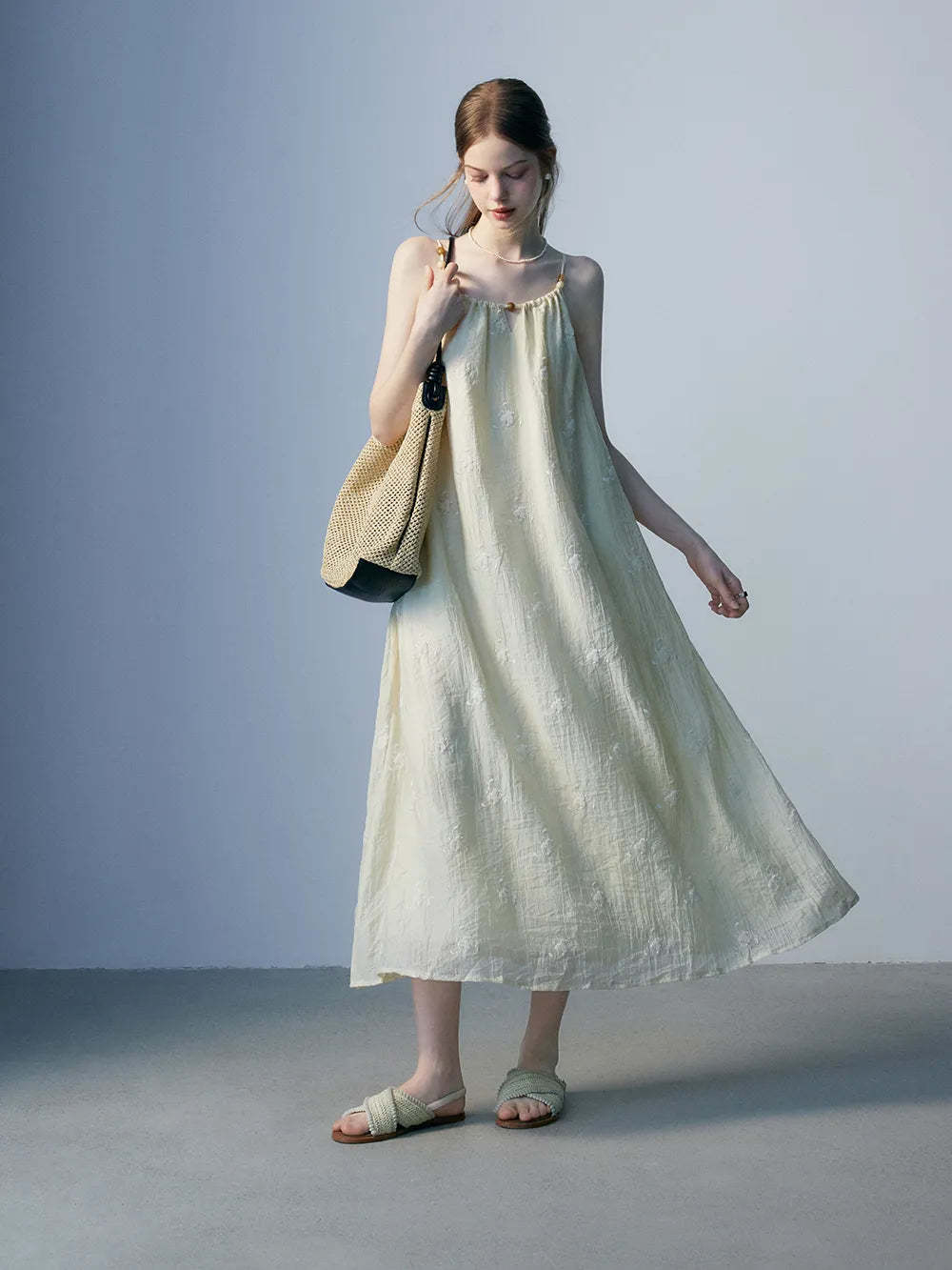 Floral Embellished Maxi Dress with Spaghetti Straps - Elegant Evening Wear