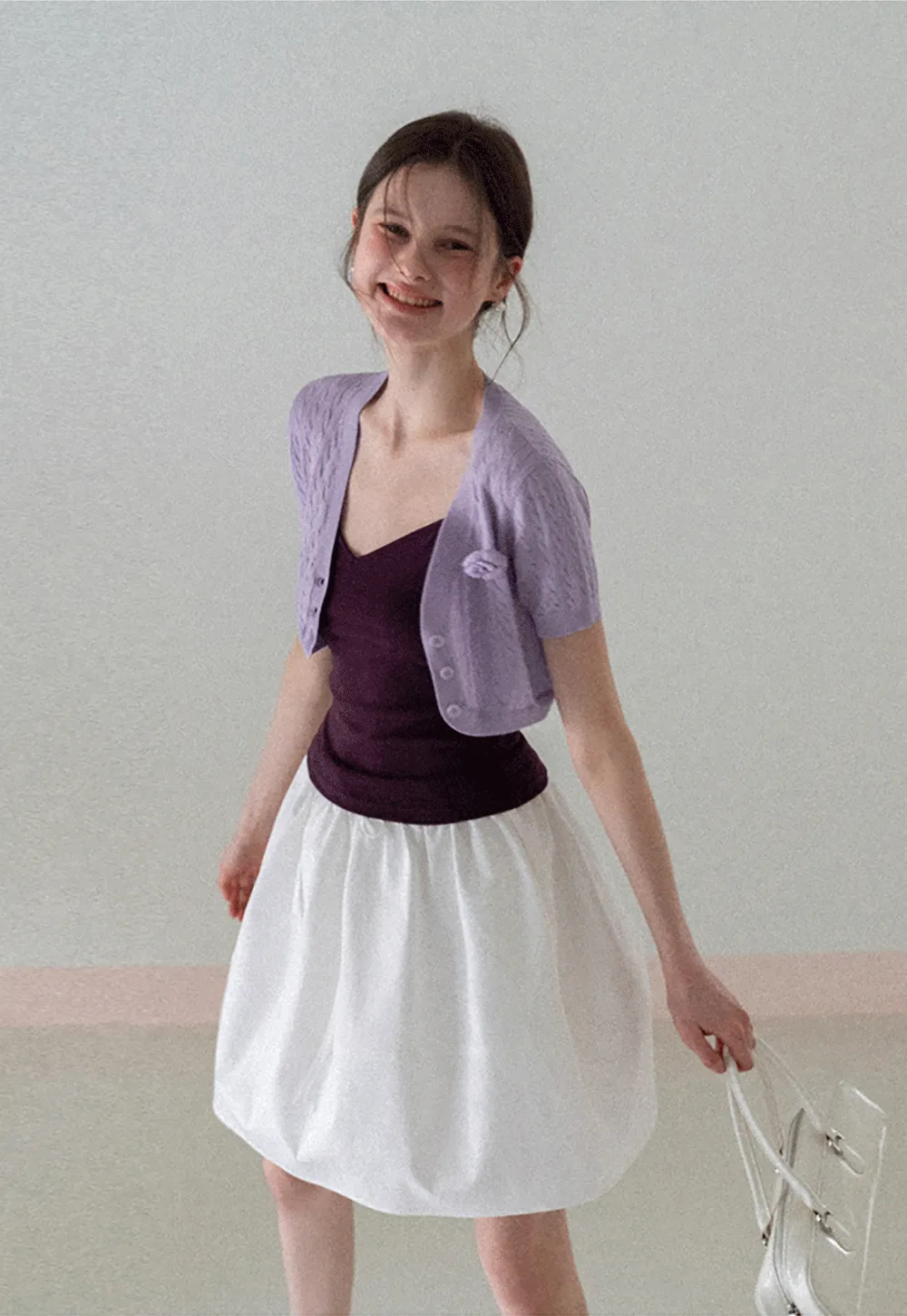 Short Sleeve Cable Knit Cardigan with Button Closure