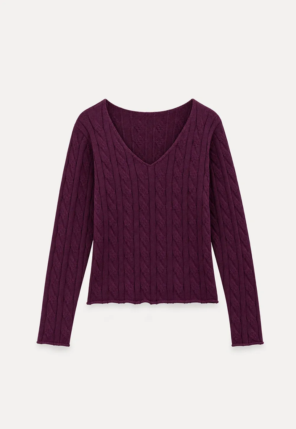 Cable Knit V Neck Long Sleeve Woolen Knit Sweater