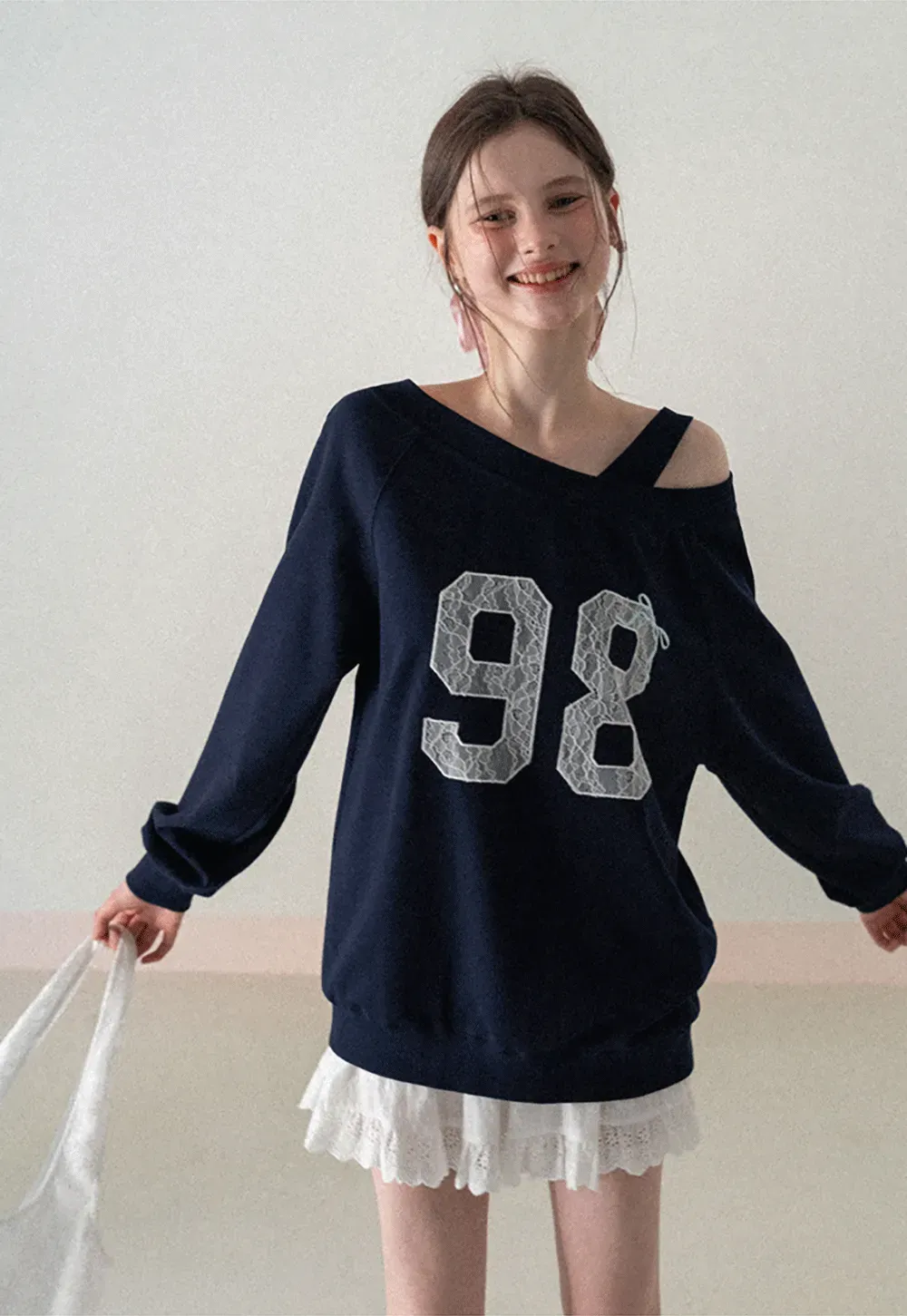 Off Shoulder Sweatshirt with Lace Number Print