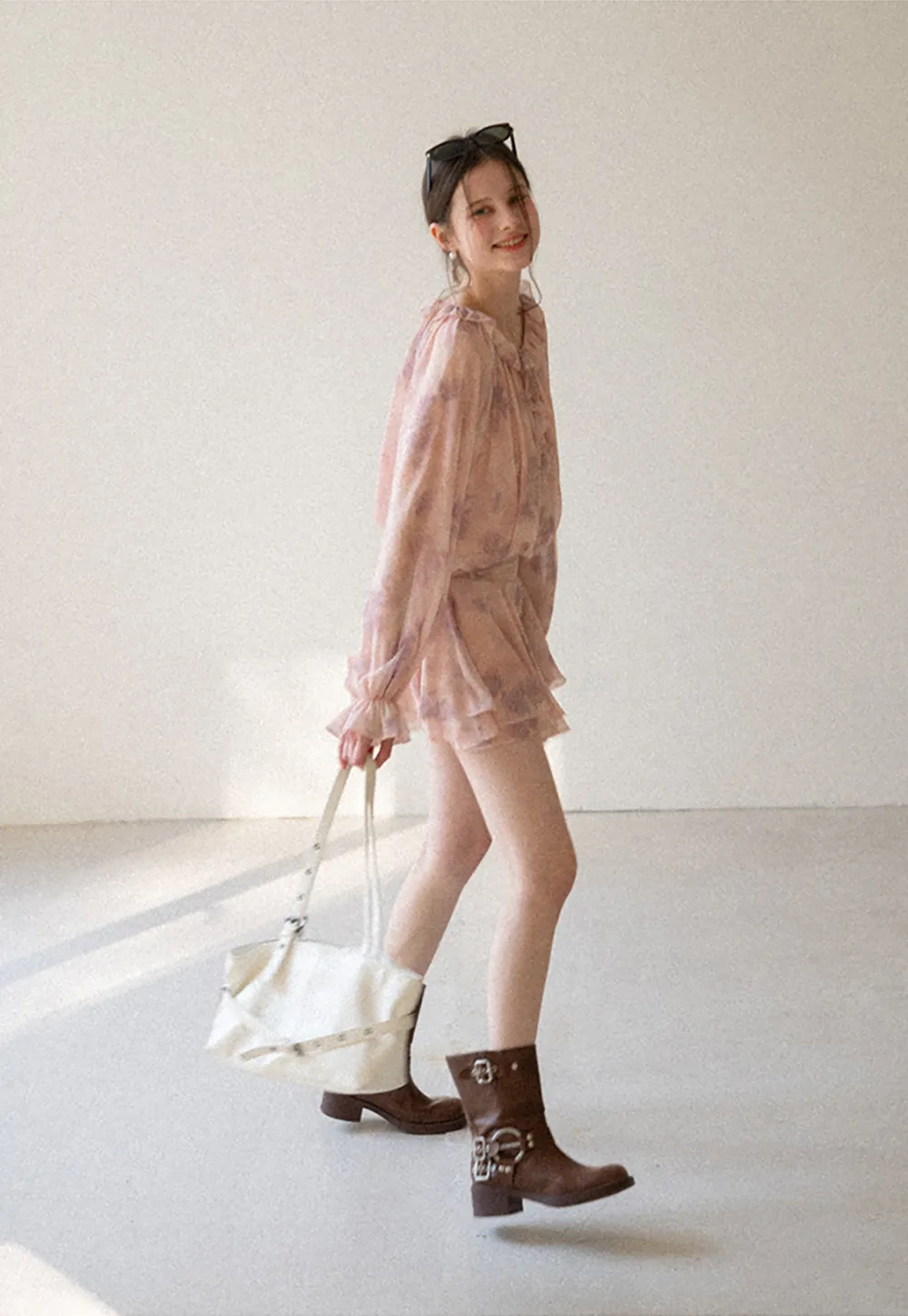 Floral Print Ruffled Neck Long Sleeve Dress