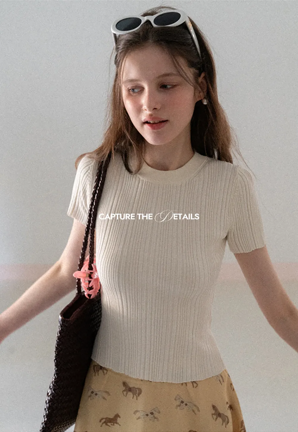 Ribbed Knit Short Sleeve Crew Neck Sweater