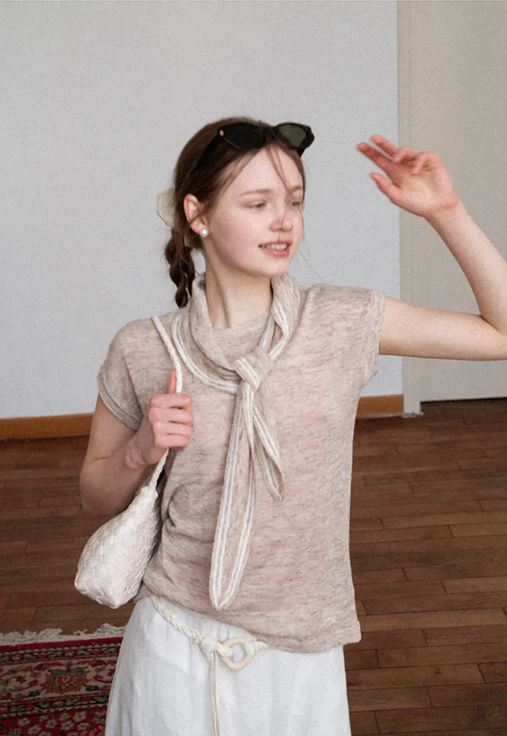 Short Sleeve Knit Sweater with Neck Tie Detail