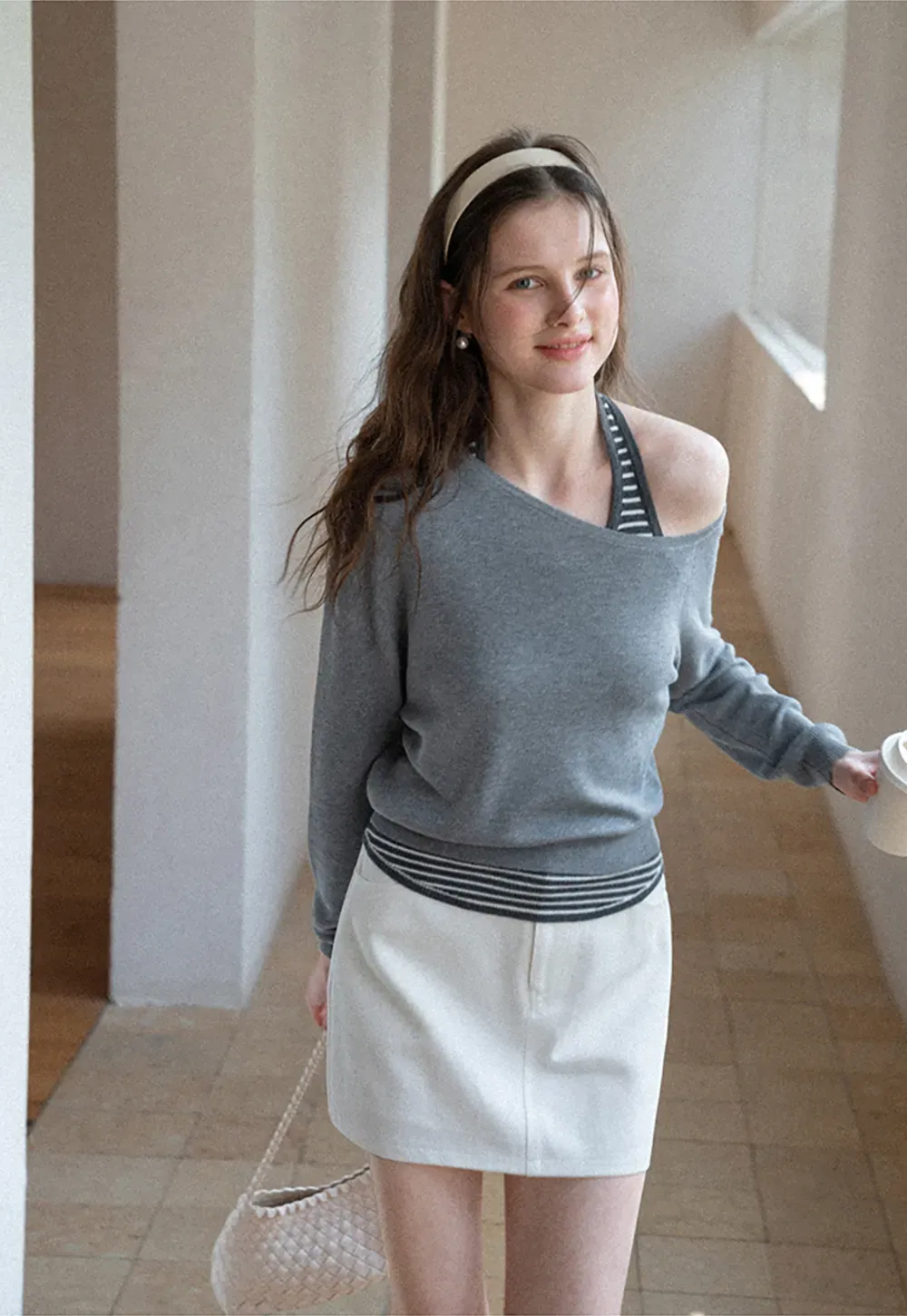 Off Shoulder Long Sleeve Knit Sweater with Striped Trim