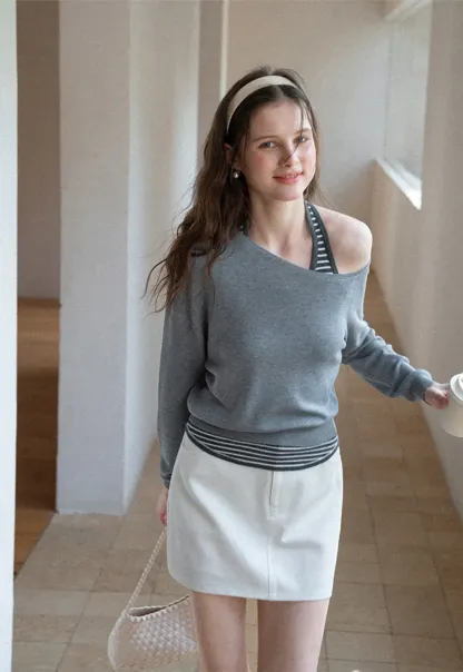 Off Shoulder Long Sleeve Knit Sweater with Striped Trim