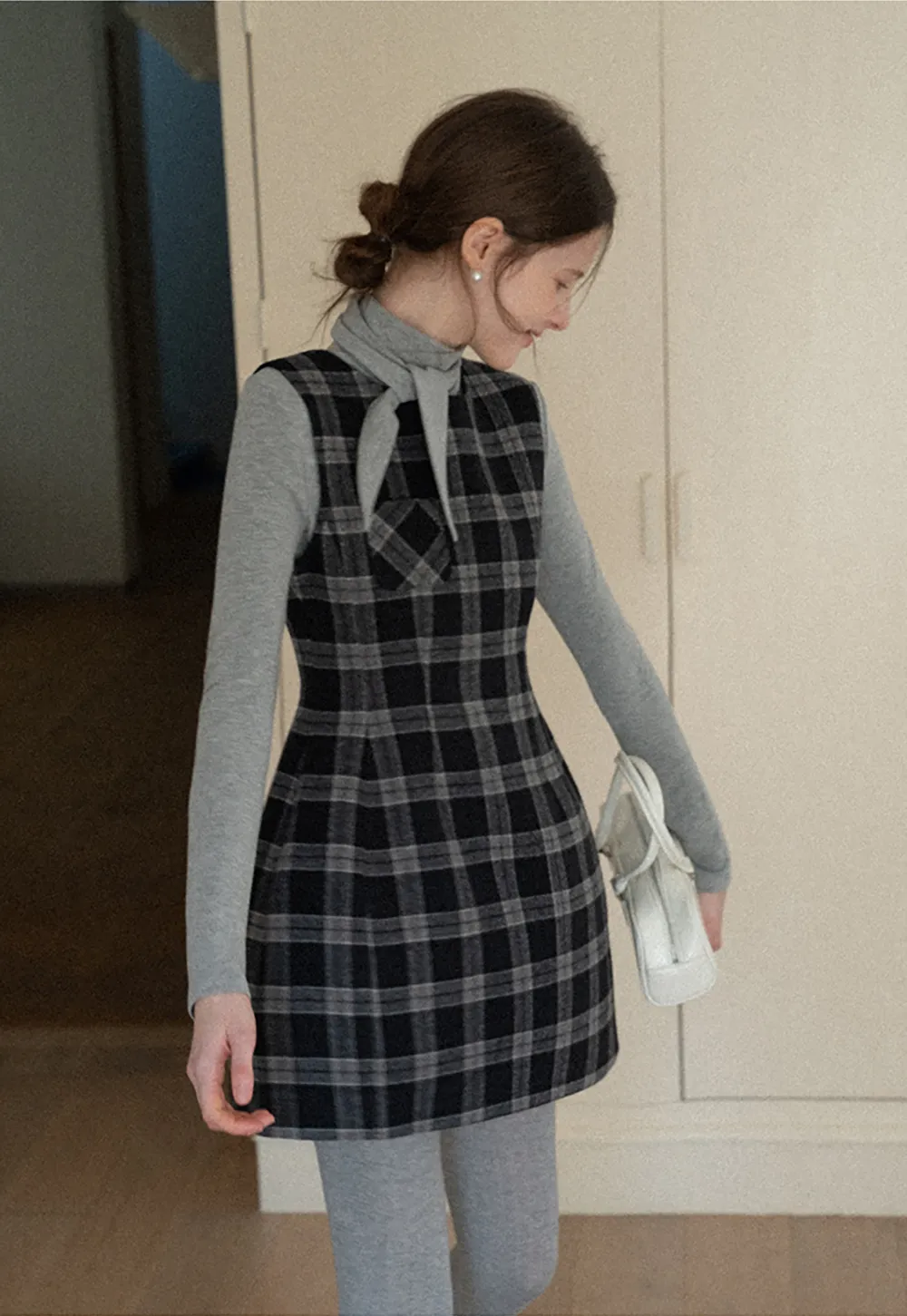 Sleeveless Plaid Dress with High Neck Tie Design