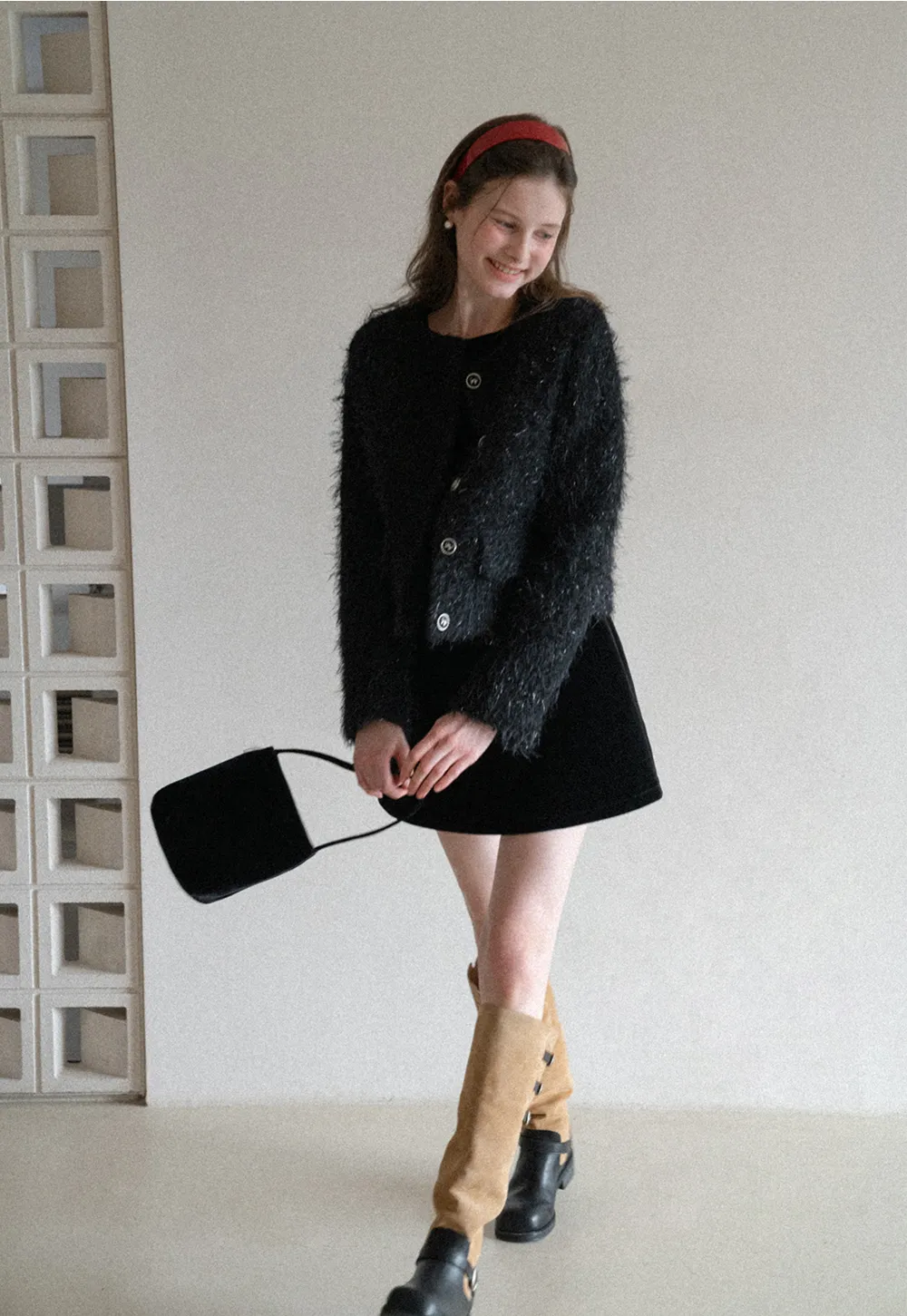 Fuzzy Knit Short Jacket with Button Detail