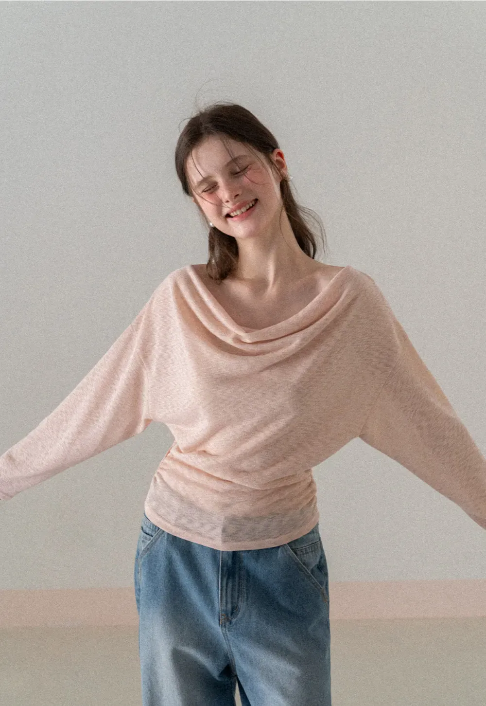 Long sleeve off shoulder draped knit top