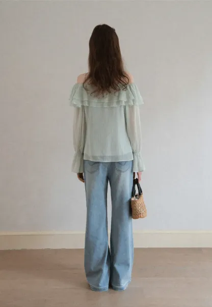 Off Shoulder Blouse with Ruffled Layers and Floral Embellishment