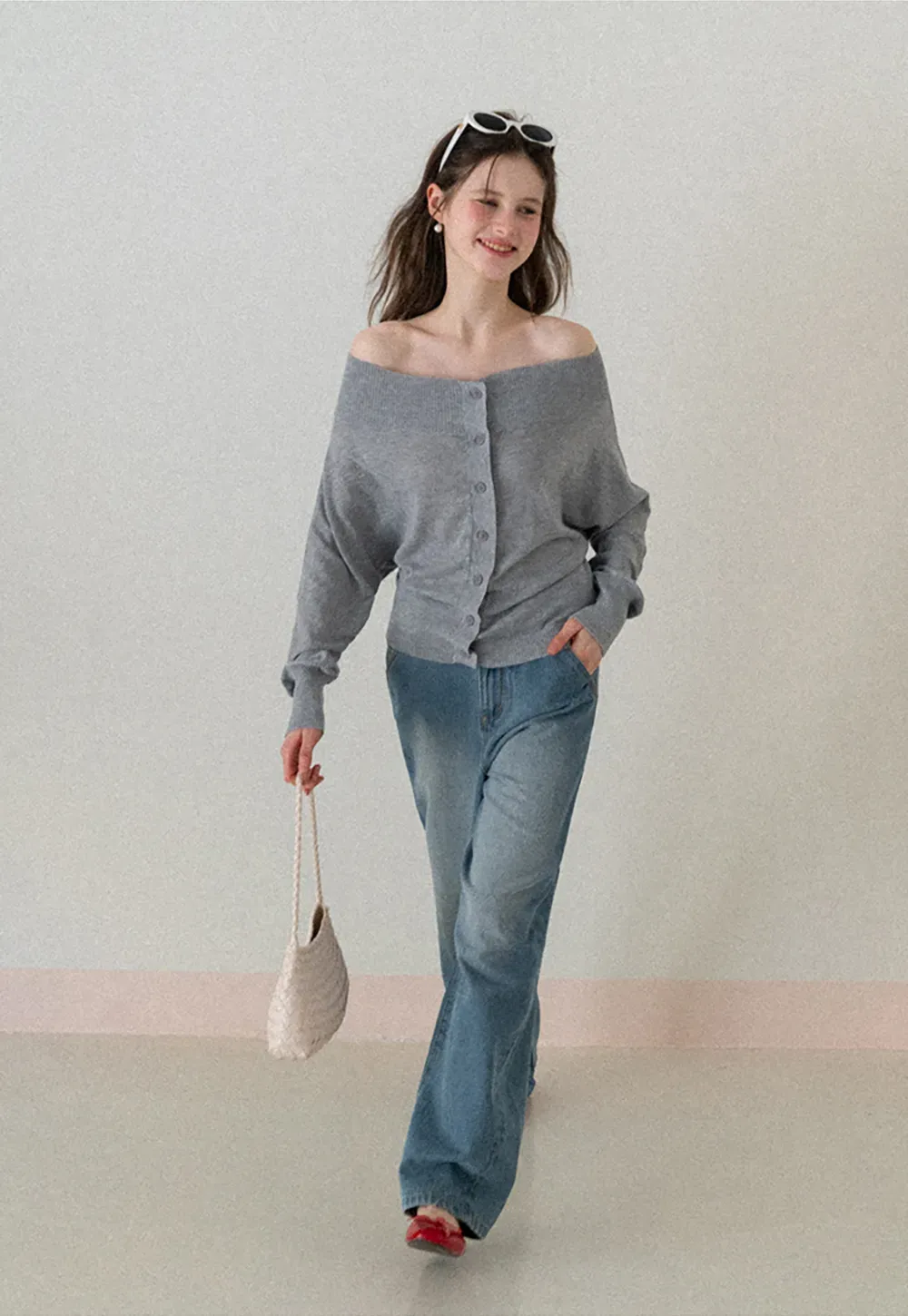 Off Shoulder Knit Cardigan with Button Front