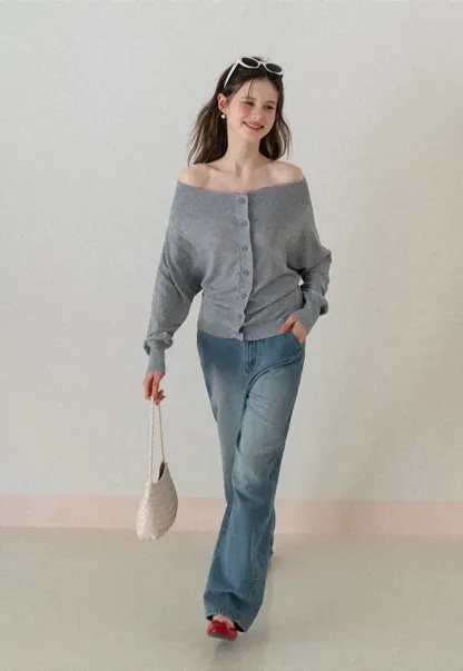 Off Shoulder Knit Cardigan with Button Front