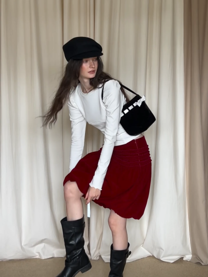 Women Velvet Bubble Skirt with Ruched Waist Design