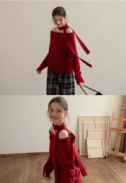 Elegant High Neck Knit Sweater with Tie Detail