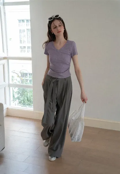 Wide leg casual pants with waist tie