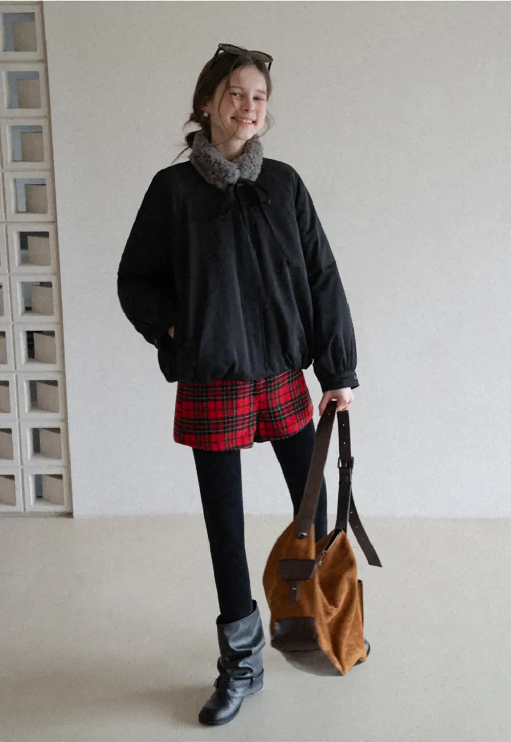 High waist plaid shorts with front pocket design