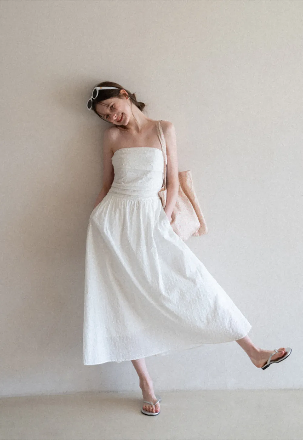 Strapless A-line Midi Dress with Ruched Bodice