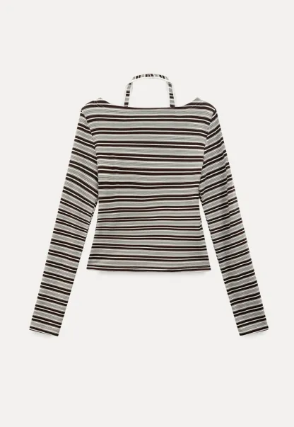 Long sleeve striped top with halter neck detail