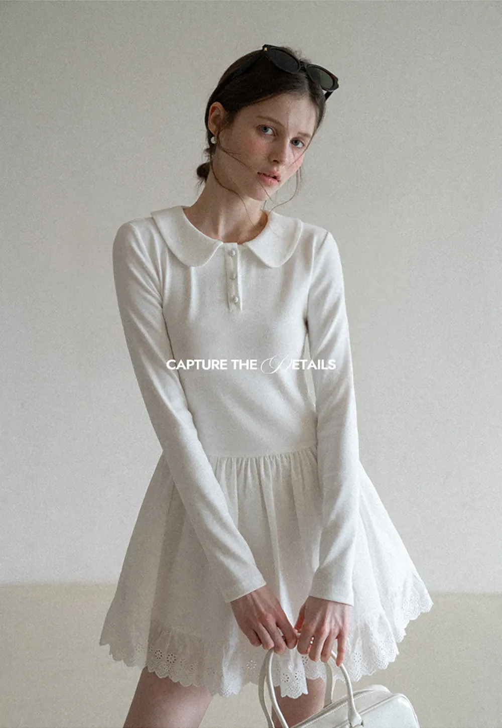 Elegant Long Sleeve Dress with Lace Trim and Flared Skirt