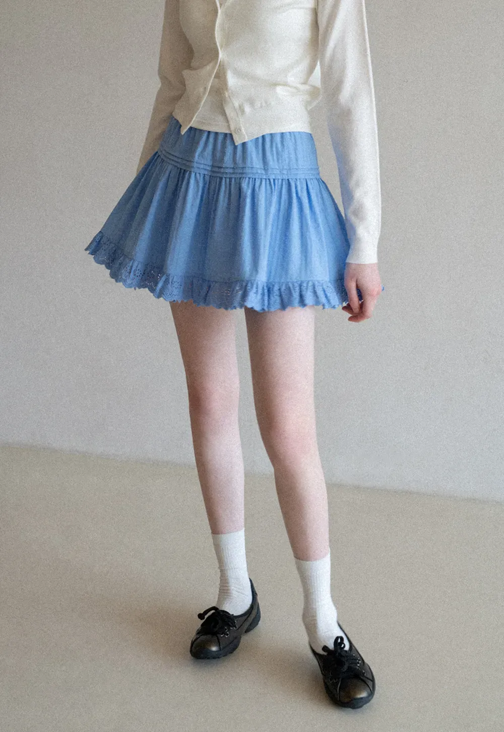 Eyelet Trimmed Tiered Skirt with Ruffled Hem