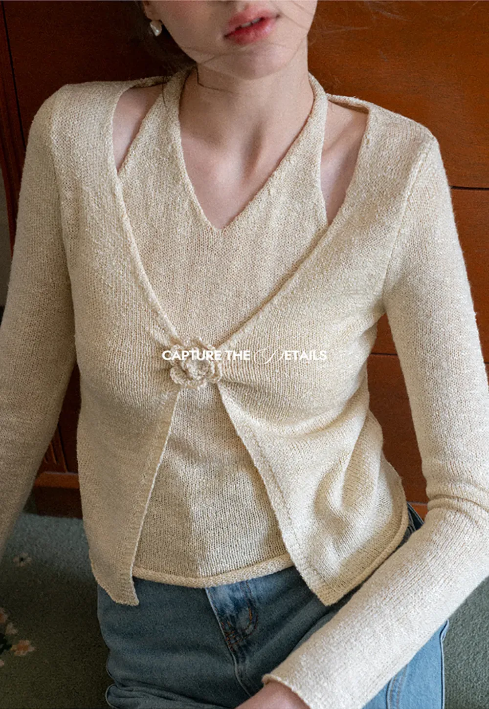 V Neck Knit Sweater with Floral Button Detail