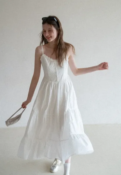 Lace Trimmed Tiered Strap Dress