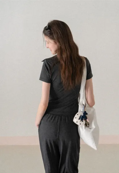 Polo shirt with buttons and wide leg casual pants