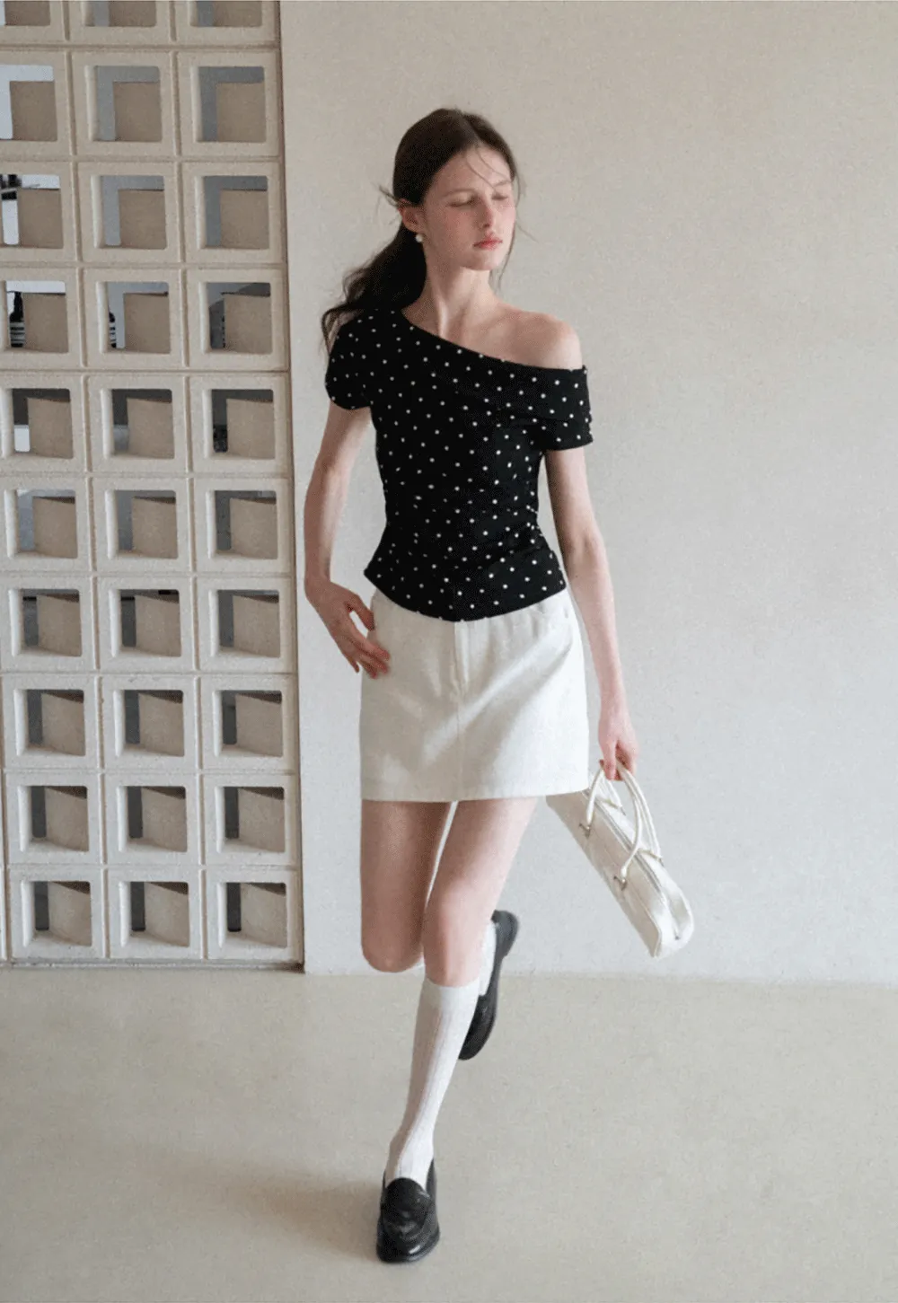 Polka dot off shoulder short sleeve tops
