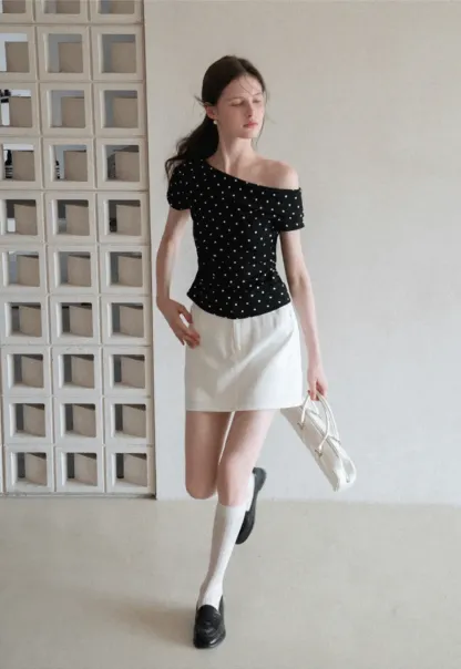 Polka dot off shoulder short sleeve tops