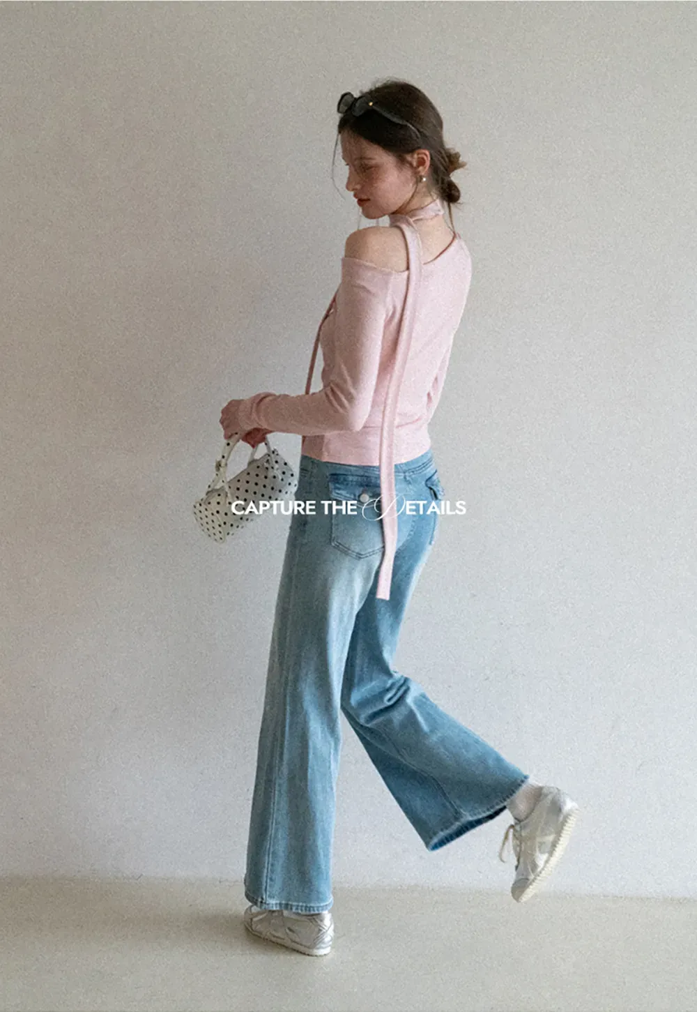 Long sleeve off shoulder top with neck tie detail