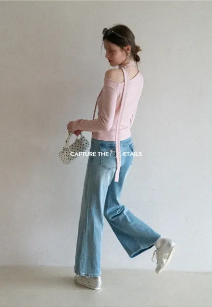 Long sleeve off shoulder top with neck tie detail