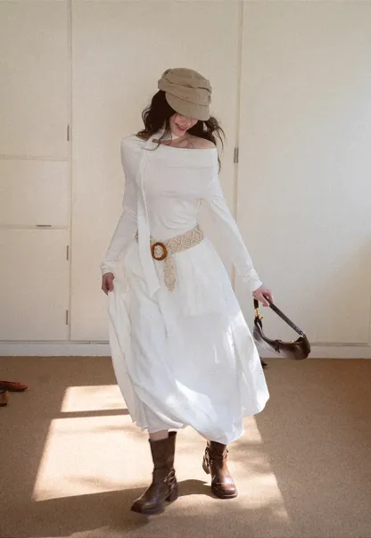 Elegant asymmetrical long sleeve dress with unique belt design