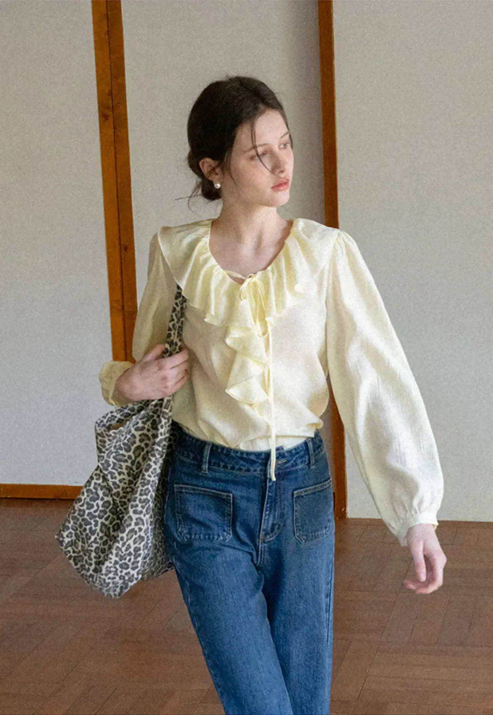 Ruffled Collar Long Sleeve Blouse with Tie Front