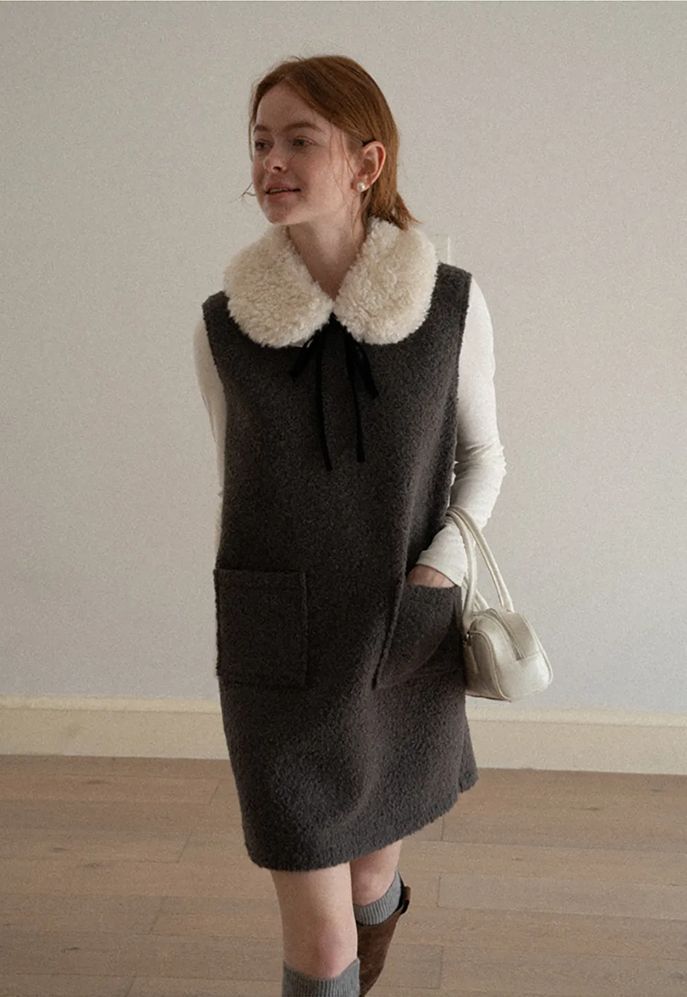 Wool Blend Sleeveless Dress with Faux Fur Collar