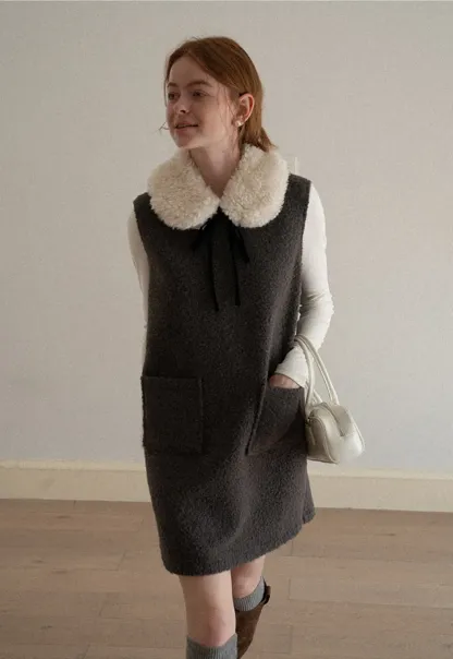 Wool Blend Sleeveless Dress with Faux Fur Collar
