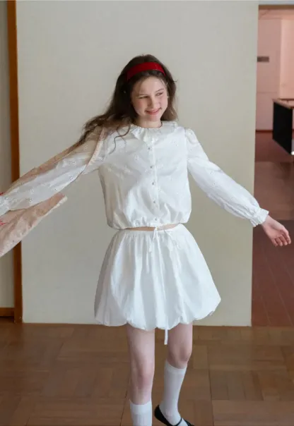 Ruffled Collar Long Sleeve Button Up Shirt