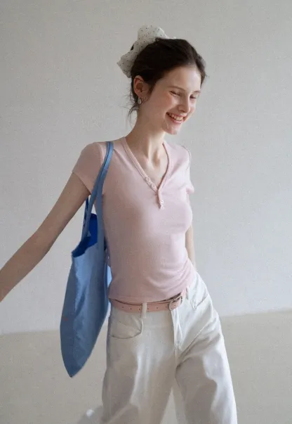 Women's V Neck Button Front Short Sleeve T-Shirt