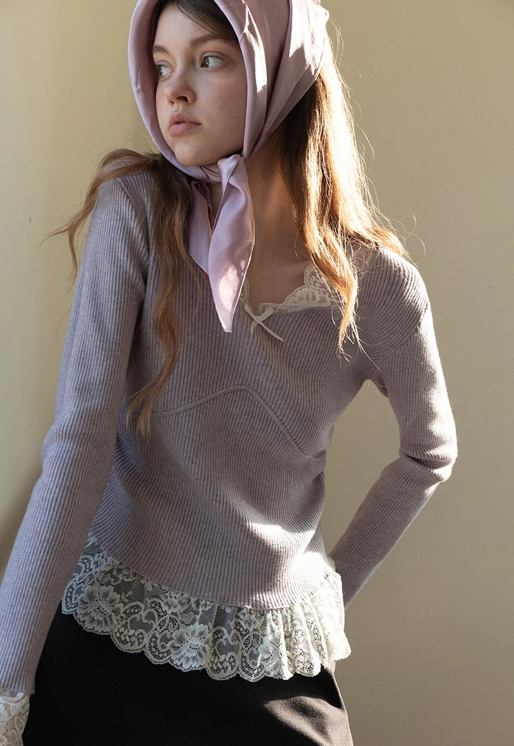 Women's V-Neck Long Sleeve Lace Trim Top