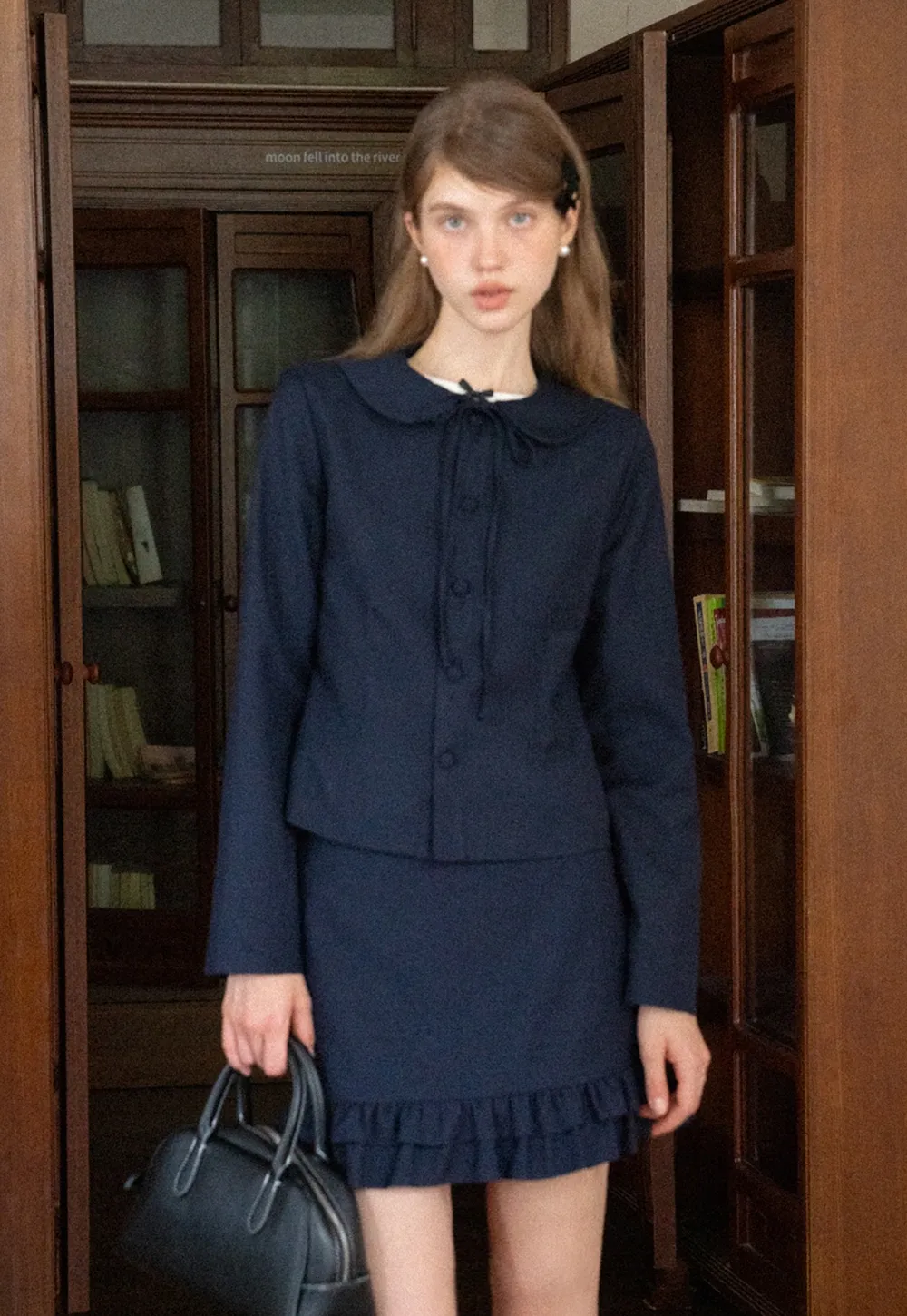 Womens Peter Pan Collar Jacket and Ruffle Hem Skirt Set