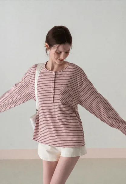 Long sleeve striped henley shirt with chest pocket