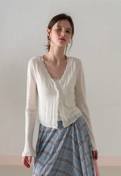 Long Sleeve Knit Sweater with Lace Trim