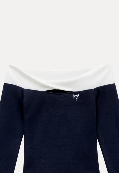 Women's Off Shoulder Contrast Fold-Over Knit Top