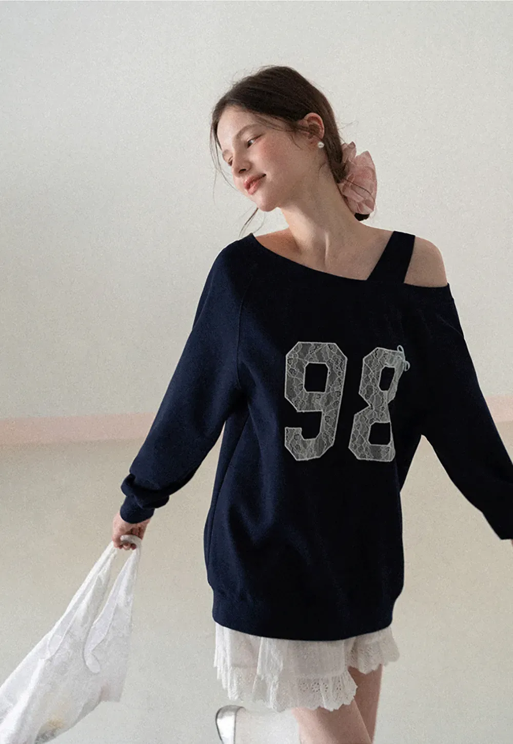 Off Shoulder Sweatshirt with Lace Number Print