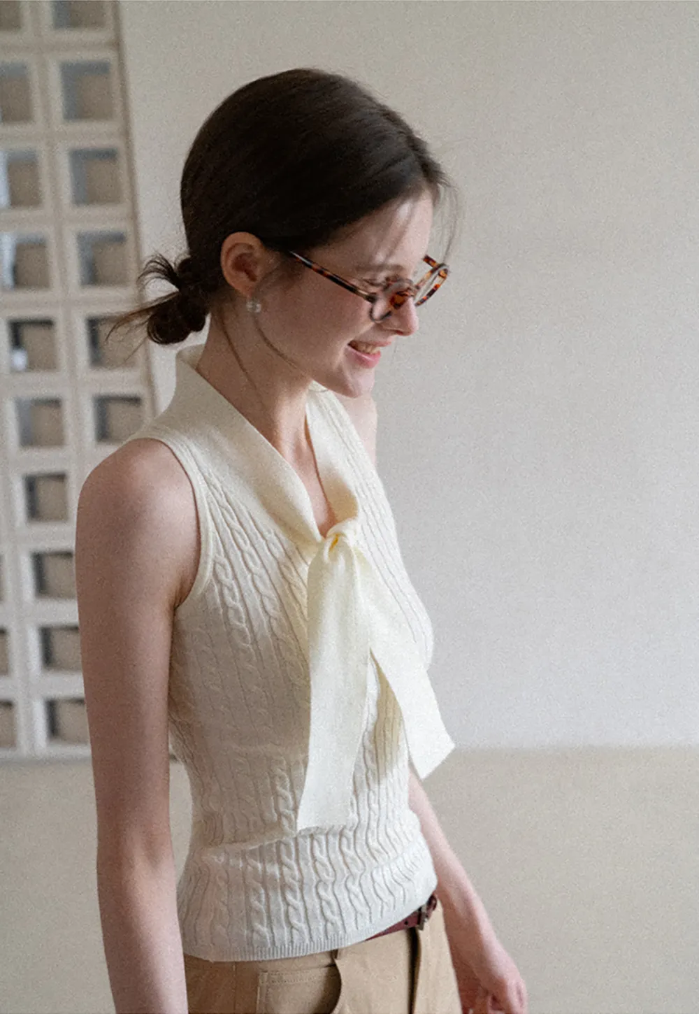 Knit Sleeveless Top with Front Bow Detail