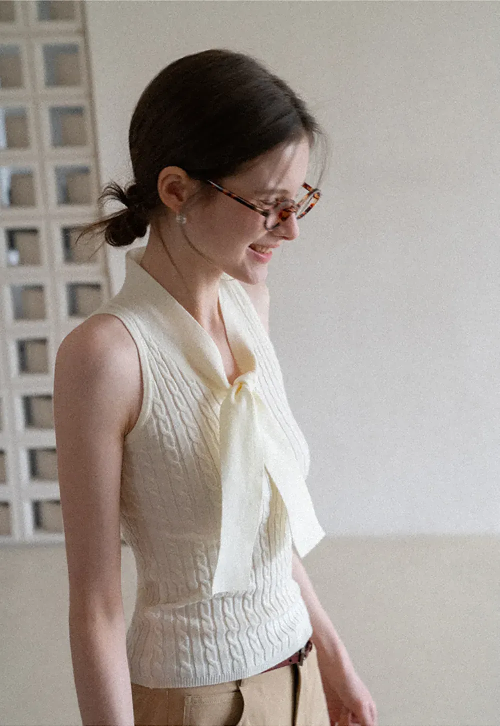 Knit Sleeveless Top with Front Bow Detail