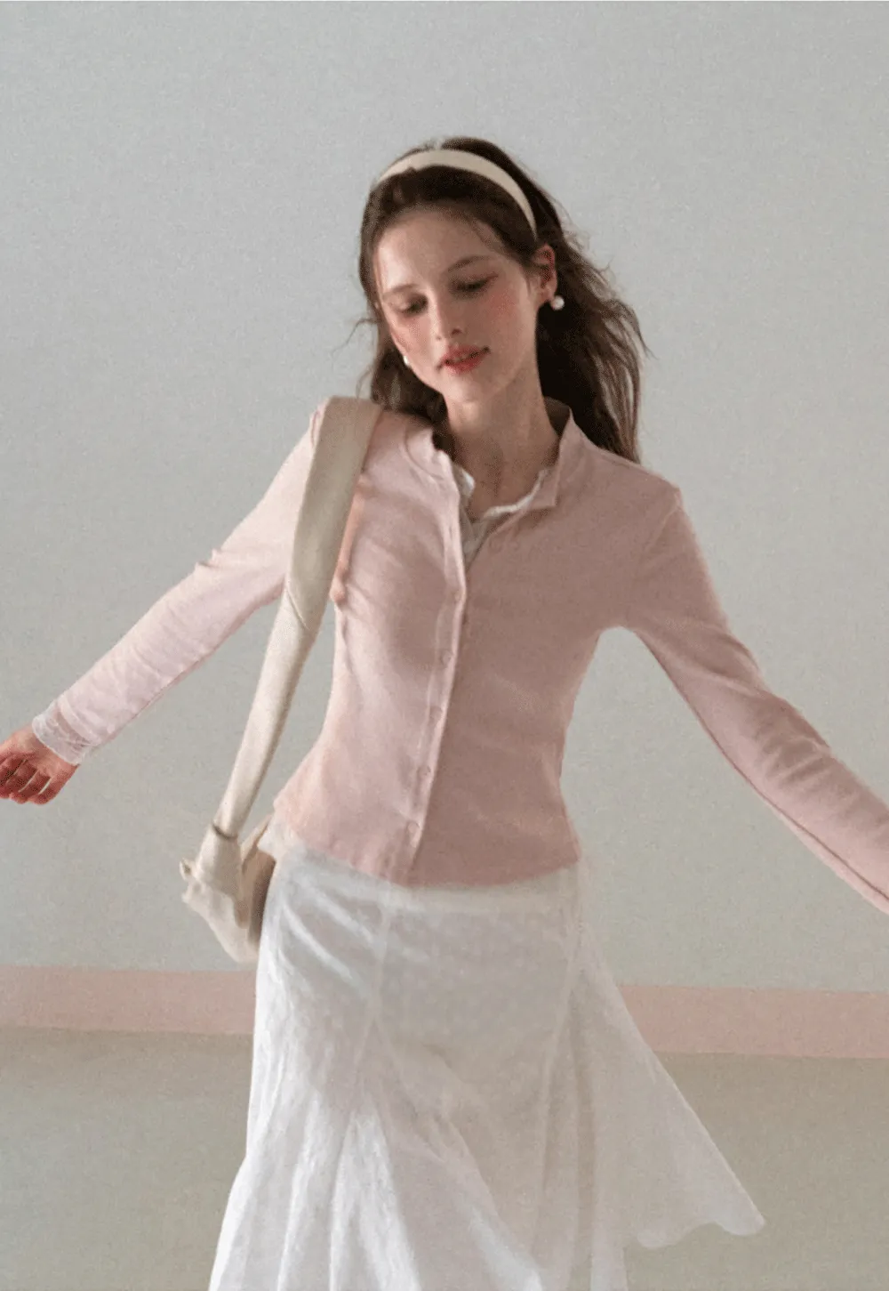 Long sleeve button front knit top with collar