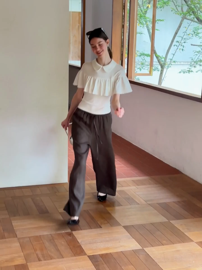 Pleated Collar Short Sleeve T Shirt